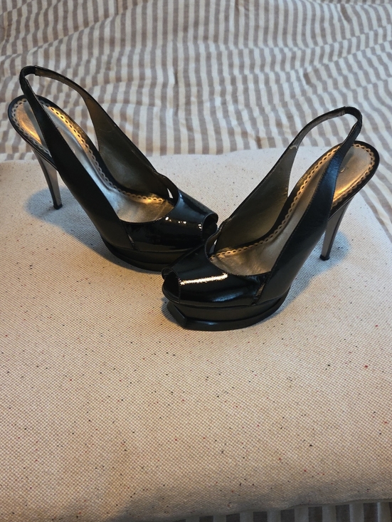 bebe Shoes - bebe Black Patent Peep-Toe Slingback Pumps